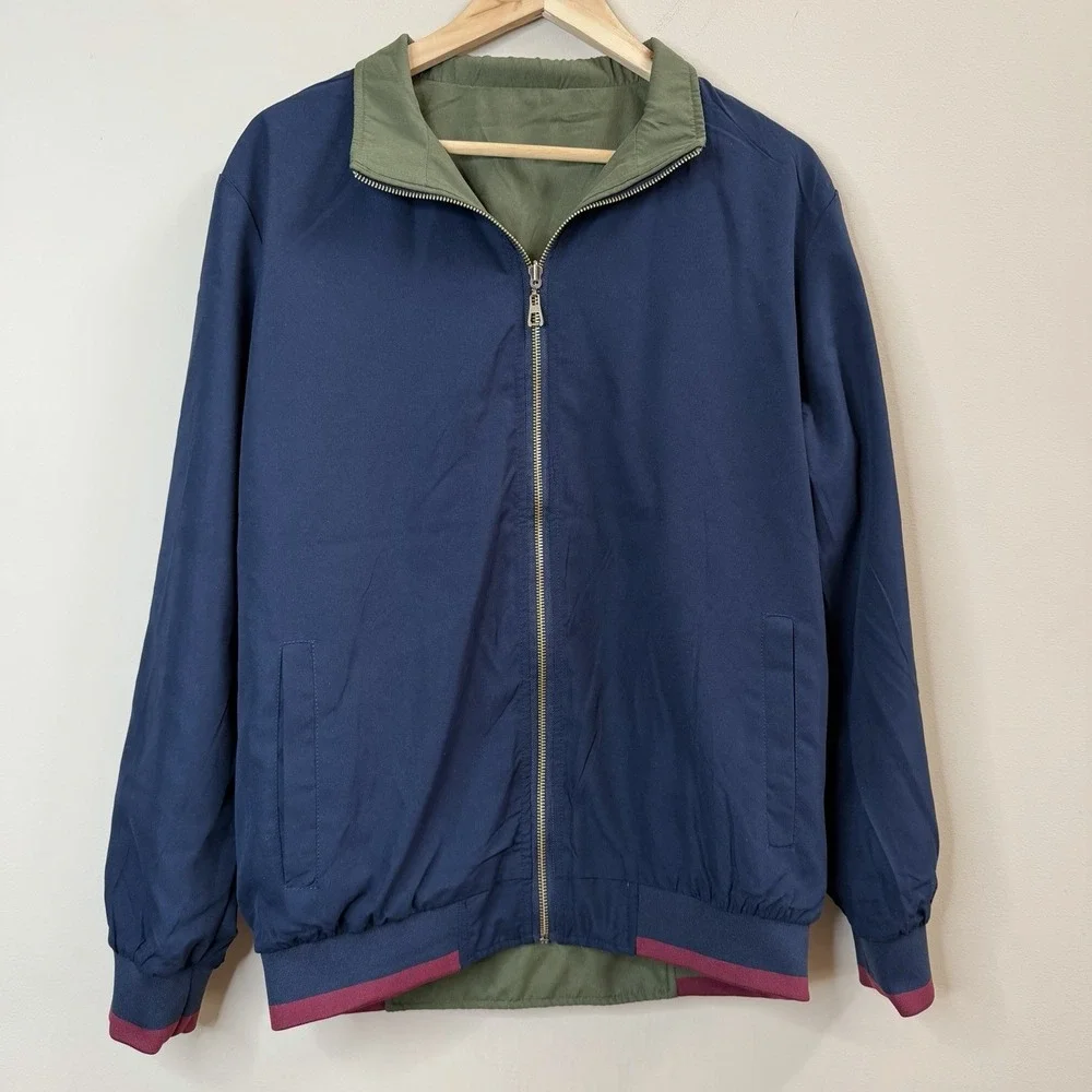 men's navy blue and olive green reversible bomber jacket SZ-M‎ gold tone zipper